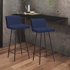 Imagem de Kit Mesa Suspensa de Parede Fixa MDF Preto + 2 Banquetas Lexi Ferro Marrom Sintético Azul Marinho - Ahazzo Móveis