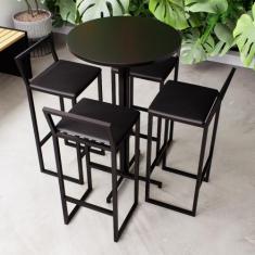 Imagem de Conjunto Mesa Alta Bar Bistrô Redonda Preta 4 Banquetas Confort Estofa