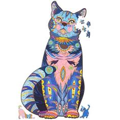 Imagem de Quebra-cabeças de madeira para adultos, quebra-cabeça de gato azul de madeira com peças em formato de animal, quebra-cabeça exclusivo em formato de gato de madeira para todas as idades,