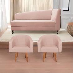 Imagem de Kit Diva Recamier Heitor 140cm Lado Esquerdo e 02 Poltronas Luiza Suede Rosê - Amarena Móveis