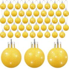 Imagem de Liliful 72 peças de mini bolas de Natal amarelas mini bolas de Natal enfeites para pendurar na árvore de Natal com glitter para decoração de Natal em ambientes internos e externos