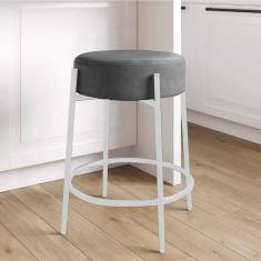 Imagem de Banqueta Alta Sintra 65cm Redonda Ferro Branco Suede Cinza - Ahazzo Móveis