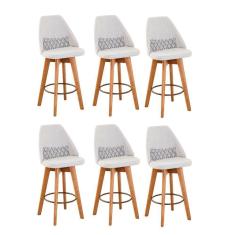 Imagem de Kit 06 Banquetas Alta Maya Giratória Com Encosto Gourmet Linho Bege e Almofada Zigzag - Aurora Line