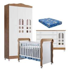 Imagem de Quarto de Bebê New Selena 3 Portas com Cômoda Gran Selena e Berço Mirelle Branco Acetinado Amadeirado e Colchão Ortobom - Carolina Móveis