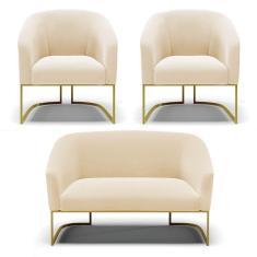 Imagem de Namoradeira E 2 Poltronas Base Industrial Dourado Stella Suede Bege D03 - D'rossi