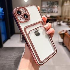 Imagem de Estojo porta-cartões transparente galvanizado para iPhone 13 11 12 14 Pro Max 14 Plus Bolso para fotos Capa de silicone à prova de choque, ouro rosa, para iPhone X ou XS