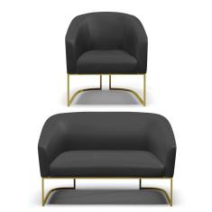 Imagem de Sofá Namoradeira e Poltrona Base Industrial Dourado Stella Corino Preto D03 - D`Rossi