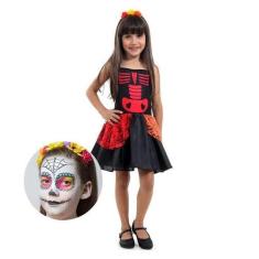 Imagem de Fantasia de Halloween Infantil Caveira Mexicana Com Maquiagem - Sulame