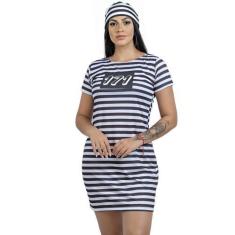 Imagem de Fantasia Presidiária Adulto Vestido Com Manga Curta Listrado - HNG, Br