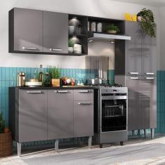 Imagem de Cozinha Compacta c/ 2 Leds Armário e Balcão com Tampo Pequim Up Multimóveis Preta/lacca Fumê