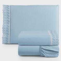 Imagem de Jogo de Lençol Solteiro 3 Peças Basic Percal 180 Fios Lese Bordado Inglês - Azul