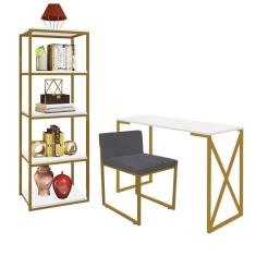 Imagem de Kit Escritório Bex 1 Cadeira Suede Cinza com 1 Mesa e 1 Livreiro Ferro Dourado MDF Branco - Ahazzo Móveis