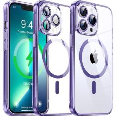 Imagem de Flyzoo Capa transparente híbrida magnética para iPhone 13 Pro Max - [compatível com MagSafe] [Protetor de câmera embutido] [Não amarela] Capa de telefone rígida transparente traseira de silicone com