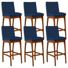 Imagem de Kit 06 Banquetas Altas Para Cozinha Sala de Jantar Fixa Mila B04 Suede Azul Marinho - Lyam Decor