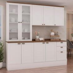 Imagem de Cozinha Modulada Compacta 4 Peças com Armário Aéreo 2 Portas Vidro 100% Mdf com Tampo Branco/Tampo Ébano