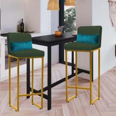 Imagem de Kit 02 Banqueta Alta com Encosto Lucca Industrial Cozinha Balcão Ferro Dourado Suede Verde e Almofada Azul Turquesa - Ahazzo Móveis