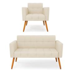 Imagem de Kit 1 Sofá Namoradeira E 1 Poltrona Elisa Linho Pés Palito Castanho - D`rossi Cor A19 Bege
