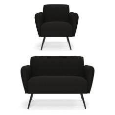 Imagem de Sofá Namoradeira com Poltrona Pés Palito de Ferro Bruna Suede Preto - D`Rossi