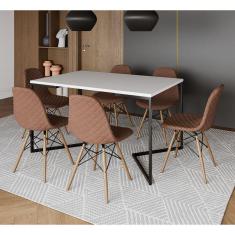 Imagem de Mesa Industrial Retangular Base V Aço Preto 137x90cm Branca 6 Cadeiras Madeira Estofadas Caramelo