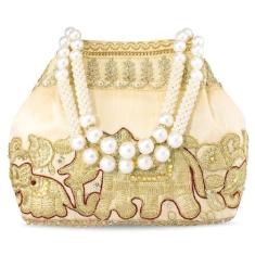 Imagem de Aheli Potli Bolsas de presente para mulheres feitas à mão bolsa de mão elegante moda noiva bolsa de pulso feminina, Creme 2