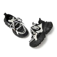Imagem de BEAU TODAY Tênis feminino grosso, tênis feminino moderno com cadarço plataforma, sapatos casuais para caminhada, Preto/branco, 34