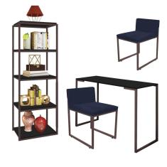 Imagem de Kit Escritório Bex 2 Cadeiras Suede Azul Marinho com 1 Mesa e 1 Livreiro Ferro Marrom MDF Preto - Ahazzo Móveis
