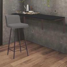 Imagem de Kit Mesa Suspensa de Parede Fixa mdf Preto + 1 Banqueta Lexi Ferro Marrom Suede Cinza - Ahazzo Móveis