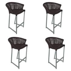 Imagem de Kit 4 Banquetas Reis Em Corda Náutica E Base Em Alumínio Cinza Para área Gourmet Externa Marrom