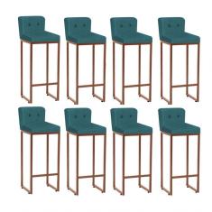 Imagem de Kit 08 Banqueta Alta com Encosto Ferro Bronze Botão Suede Azul Turquesa