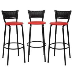 Imagem de Conjunto 3 Banqueta Alta Estrutura Preta Encosto Junco Preto 70cm Itag