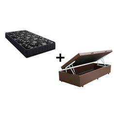 Imagem de Cama Box Baú Solteiro 88 Tecido Sintético Marrom com Colchão Lisboa Espuma D28 Preto