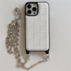 Imagem de Capa de couro retrô crossbody tecido grade treliça trançada para iPhone 15 Plus 14 13 12 11 Pro Max, branca, para iPhone 12 Pro Max