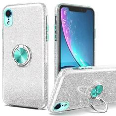 Imagem de PeeTep Capa para iPhone XR, capa leve com glitter brilhante com suporte de anel de 360°, suporte magnético para carro, capa protetora resistente e absorvente de choque para iPhone XR de 6,1 polegadas