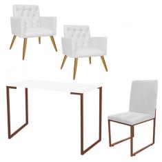 Imagem de Kit Escritório Stan 2 Poltronas Capitonê com Cadeira e Mesa Industrial Branco Bronze Tecido Sintético Branco - Ahz Móveis