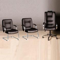 Imagem de Kit Cadeira Escritório Classic Preta - 1 Giratória + 2 Fixas