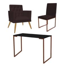 Imagem de Kit Escritório Stan Poltrona Maria com Cadeira e Mesa Industrial Preto Bronze Corino Marrom - Ahz Móveis