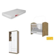 Imagem de Quarto de Bebê Compacto com Berço e Guarda Roupa Lápis de Cor com Colchão Branco/Rústico