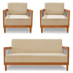 Imagem de Kit 2 Poltronas E Sofá Living 2 Lugares Marilia 1,60m Linho Base Em Madeira Castanho - Pallazio Cor Dourado