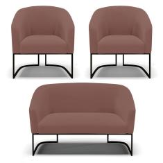 Imagem de Sofá Namoradeira E 2 Poltronas Base Industrial Preto Stella Veludo D03 - D'rossi Cor Rose