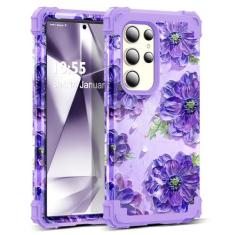 Imagem de SleekCover Capa para Galaxy S24 Ultra, 3 em 1, pintura a óleo, padrão floral, resistente, proteção à prova de choque, amortecedor de borracha de silicone macio + capa protetora de plástico rígido para