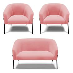 Imagem de Sofá Namoradeira E 2 Poltronas Pé De Ferro Preto Stella Suede Rosê D03 - D`rossi