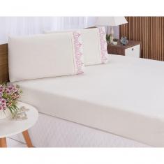 Imagem de Jogo Lençol Quarto Casal Padrão Bordado 3 Pç Palha Com Rose