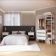 Imagem de Quarto com Guarda Roupa Closet de 3 Gavetas  e  2 Mesas de Cabeceira com 1 Gaveta Branco  / Mel
