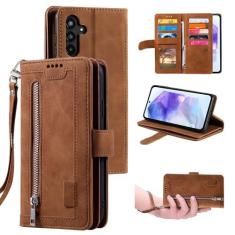 Imagem de UEEBAI Capa carteira para Samsung Galaxy A55 5G, retrô 9 compartimentos para cartões com zíper bolso bolsa bolsa de mão PU couro magnético fecho suporte com alça de pulso TPU à prova de choque capa