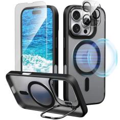 Imagem de IDweel Capa para iPhone Pro com protetor de tela e protetor de lente de câmera, compatível com MagSafe, suporte embutido para câmera, traseira rígida magnética, borda macia, capa flexível