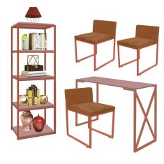Imagem de Kit Escritório Bex 3 Cadeiras Suede Terracota com 1 Mesa e 1 Livreiro Ferro Bronze MDF Rose Rosa - Ahazzo Móveis