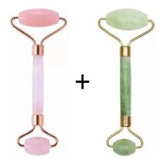 Imagem de Rolo Massageador Facial Pedra Quartzo Pedra Rosa + Pedra Jade Verde