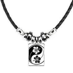 Imagem de DIYthinker Colar com design de flor Yin-yang Culture Jewelry Torque Pingente de corda de couro