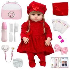Imagem de Boneca Tipo Reborn Menina Loira Vestido Vermelho Com Bolsa - Cegonha R