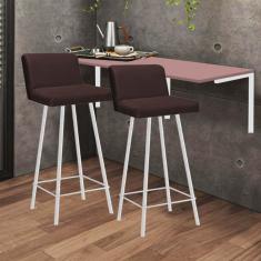 Imagem de Kit Mesa Suspensa de Parede Fixa MDF Rosa + 2 Banquetas Lexi Ferro Branco Corino Marrom - Ahazzo Móveis